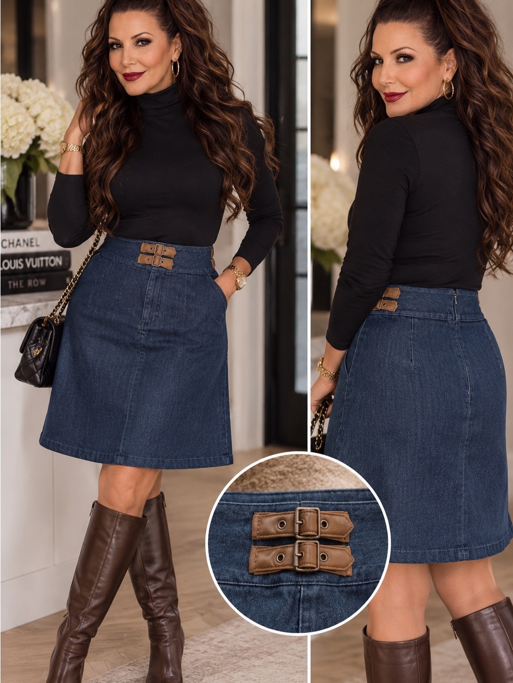 Talbots Dark Blue Denim A-Line Skirt with Brown Buckle Accents